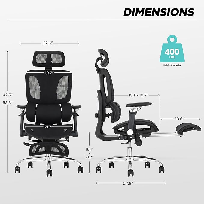 Ergonomic Office Chair with 3-Zone Dynamic Lumbar Support, Big and Tall Mesh Office Chair with Footrest, Adjustable Seat Depth,4D Headrest,6D Armrests, Swivel Executive Chair for Home Office,Black