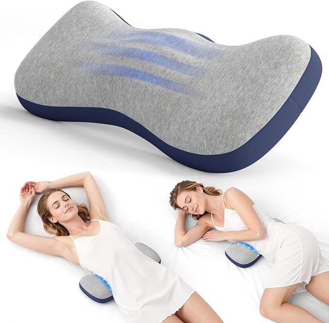 Lumbar Support Pillow for Bed, Memory Foam Pillows for Back Pain Relief, Lower Back Pain Relief Pillow for Sleeping, Adjustable Lumbar Pillow for Sleeping, Bed, Car, Couch (Grey - Navy Blue)