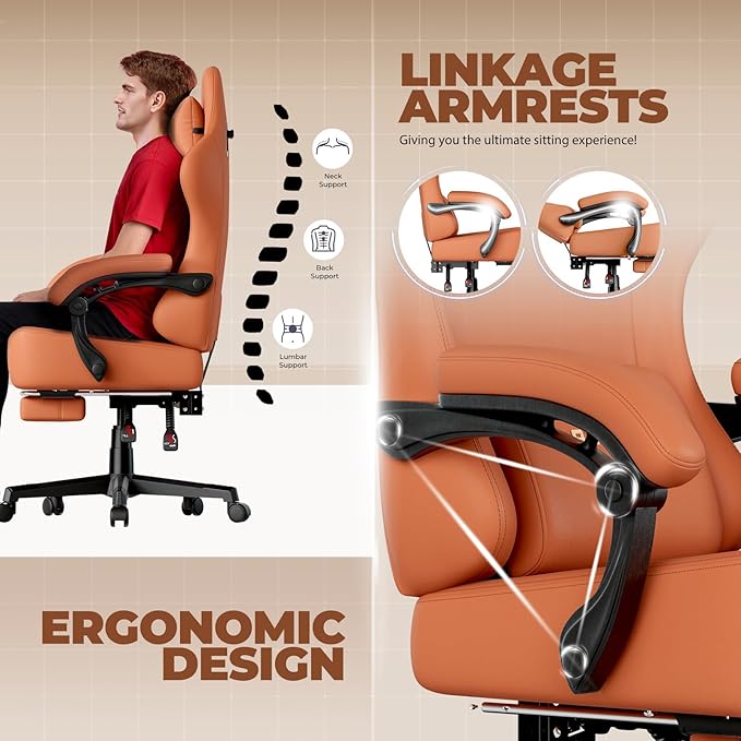 GTPLAYER Gaming Chair with Pocket Spring Cushion, Big and Tall Gamings Chairs 350LBS High Back Computer Chair with Footrest for Adults Lumbar Support Swivel Game Chair for Office, Leather Orange
