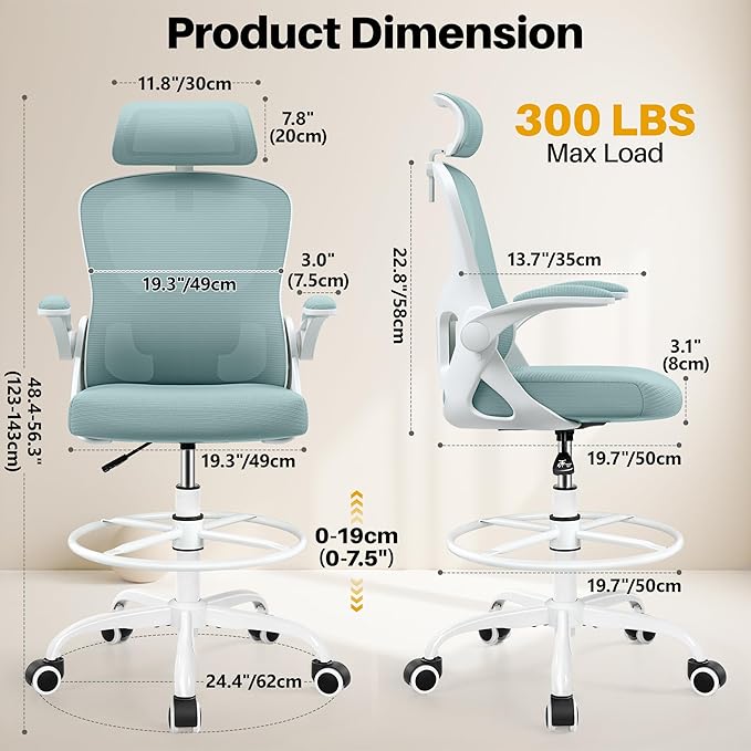 Drafting Chair, Tall Office Chair for Standing Desk, Ergonomic High Back with Headrest, Lumbar Support, Foot Ring and Flip-up Armrests, Light Blue