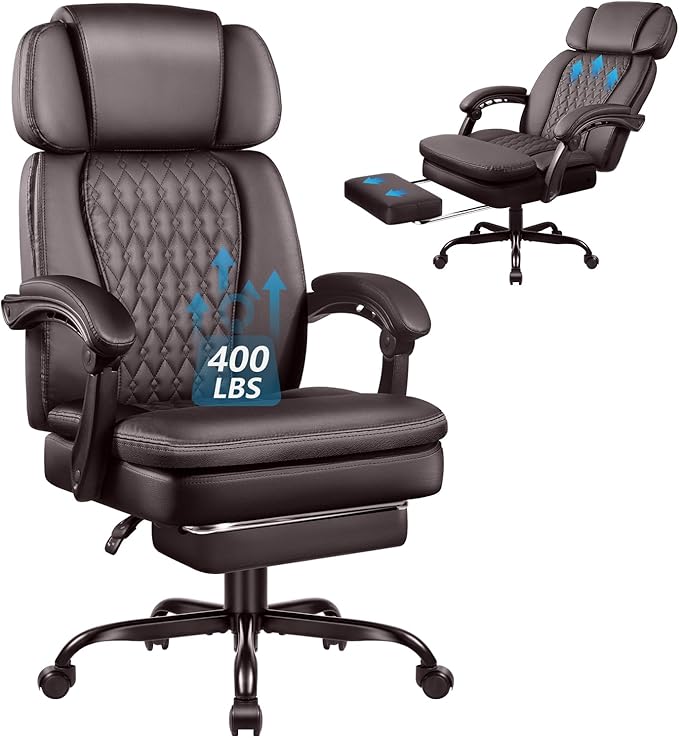 VENDORZe Office Desk Chair with Foot-Rest 400lbs, Heavy Duty Executive Office Chair, Comfy High Back Ergonomic PU Leather Desk Chair with Lumbar Support, Brown