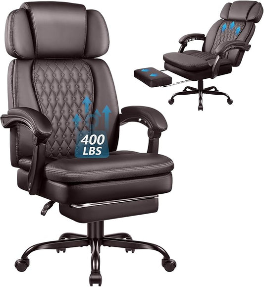 VENDORZe Office Desk Chair with Foot-Rest 400lbs, Heavy Duty Executive Office Chair, Comfy High Back Ergonomic PU Leather Desk Chair with Lumbar Support, Brown