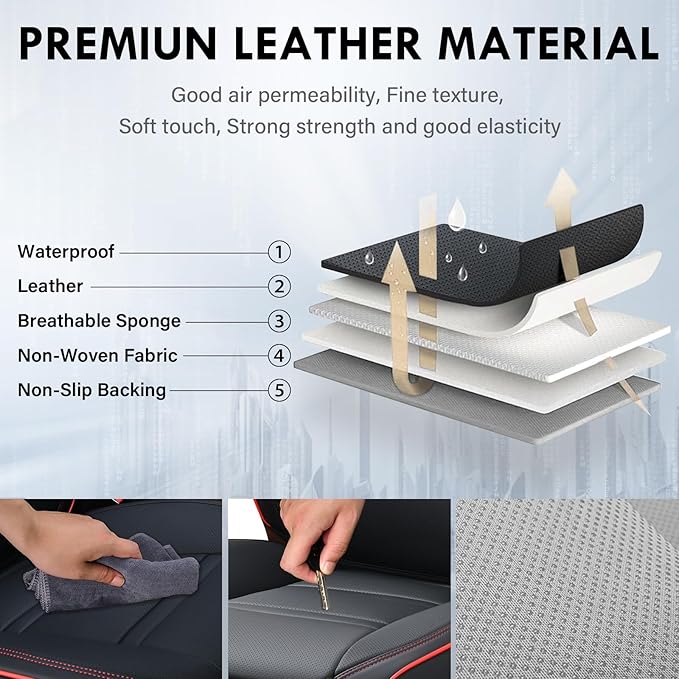 Coverado Car Seat Covers Front Seats, 2 Piece Car Seat Protector with Removable Headrest, Nappa Leather Breathable Front Side All Wrapped Universal Fit Truck Automotive Most Cars Black & Red