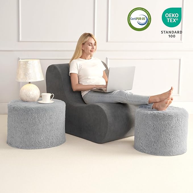 Hansleep Round Stuffed Pouf Ottoman 17 x 14, Foam Filled Faux Fur Ottoman Foot Rest for Chair with Washable Cover, Foot Stools Under Desk for Living Room & Bedroom, Grey