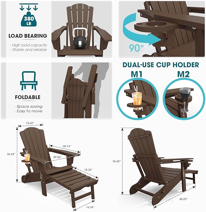 THOEOE Adjustable Adirondack Chair with Retractable Ottoman, HDEP Folding Adirondack Chairs with Footrest 2-in-1 Cup Holder, All Weather Outoor Fire Pit Chair with Foot Rest Set 2 Brown