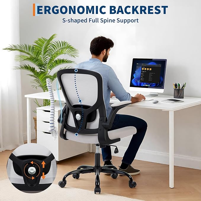Premium Ergonomic High-Grey Mesh Office Chair - Adjustable Height, Flip-Up Armrests & Lumbar Support - Comfy Swivel Seat for Home, Gaming & Work - Black Net