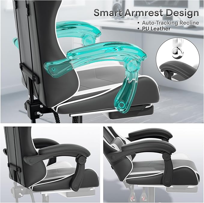 Athena Collection Gaming Chair, Ergonomic Gaming Chair with Footrest & Headrest Lumbar Support, Height Adjustable Swivel Computer Chair Office Chair for Kids Adults(White)