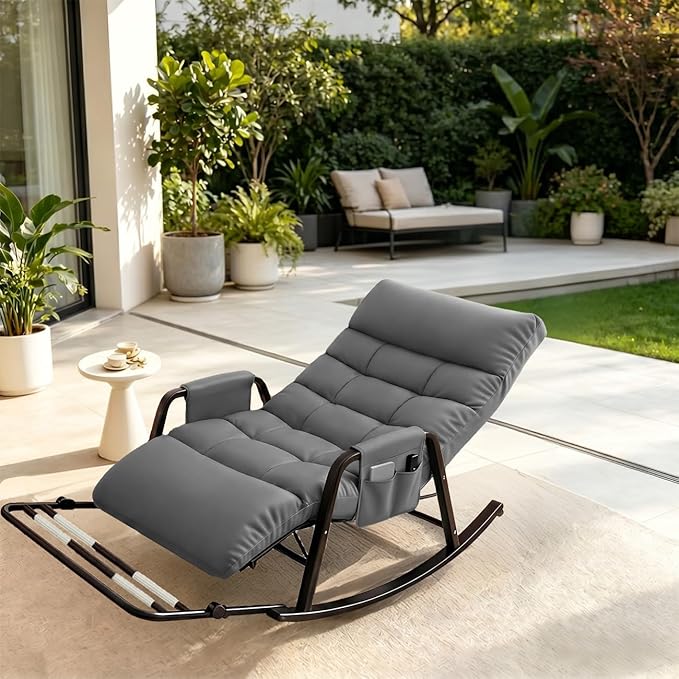 Oversized Rocking Chair-Winter/Summer Rocking Chair with Foot Rest，180° Adjustable with Removable Padding and Side Pockets， for Living Room Balcony Porch Patio