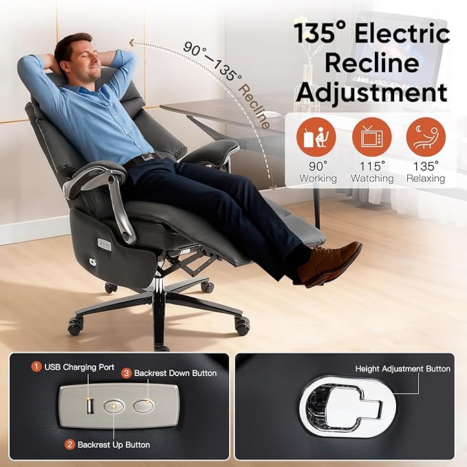 ECOTOUGE Electric Executive Office Chair with Footrest, 400LBS Big and Tall Office Chair, Comfortable Ergonomic Recliner Chair for Home Office, Studio or Gaming Room, Black