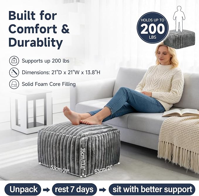 Tiita Square Ottoman Foot Rest, Corduroy Pouf Ottoman with Foam Filling, 21x21x13.8 Inch Poofy Ottomans with Removable Cover, Fluffy Foot Rest Stool with Non-Slip Bottom for Living Room Bedroom
