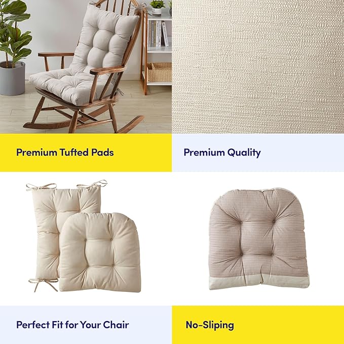 Rocking Chair Cushion Premium Pads Non Skid Slip Backed Set of Upper and Lower with Ties