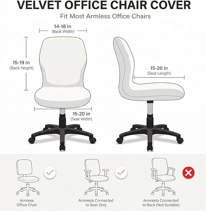Deisy Dee Velvet Stretch Armless Office Chair Covers - Colorful Stretch Slipcover for Desk Chairs (Off White)