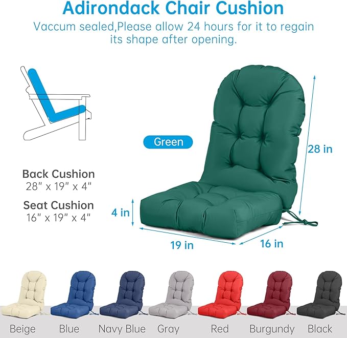 Adirondack Chair Cushion Waterproof Rocking Chair Cushion, Tufted High Back Patio Chair Cushions with Anti-Slip Ties for Rocking Chairs,Adirondack Chair,Patio Furniture (Green)