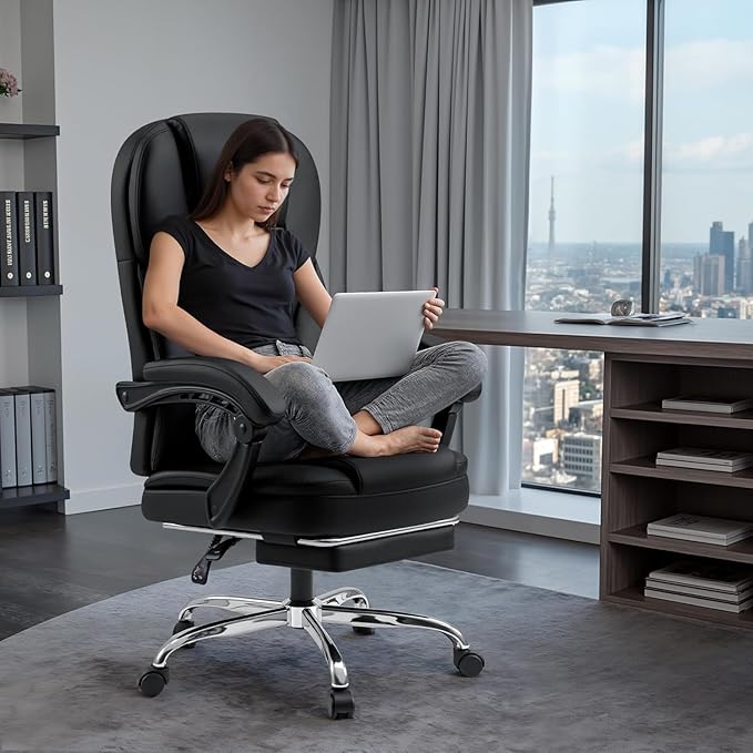 Shahoo Executive Office Chair with Massage, Ergonomic Reclining High Back Leather Seats with Footrest and Lumbar Support, Big and Tall, 400Lbs Heavy Duty, Dark Black