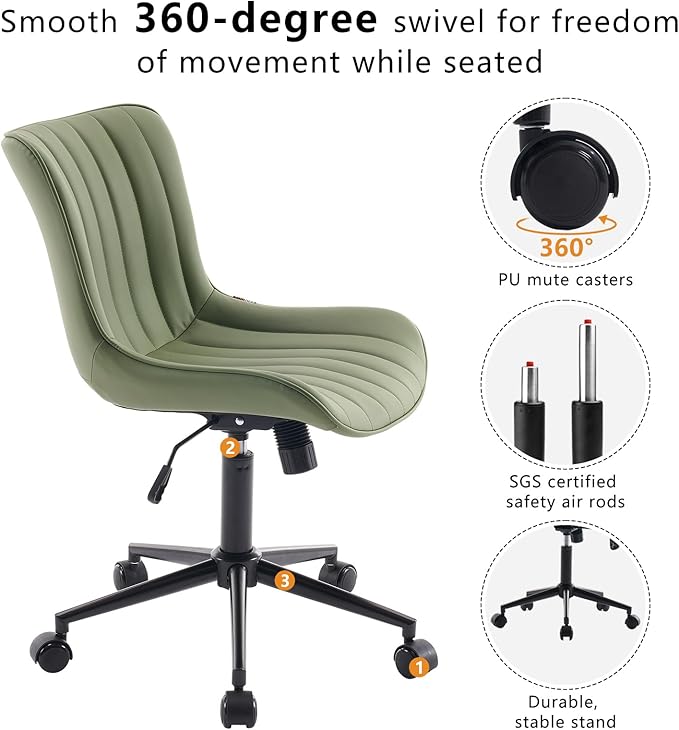 YOUNIKE Olive Green Office Desk Chair with Wheels Armless Compact Comfy Vanity Chair with Adjustable Back Modern Small Faux Leather Upholstered Swivel Cute Rolling Computer Task Chair No Arms
