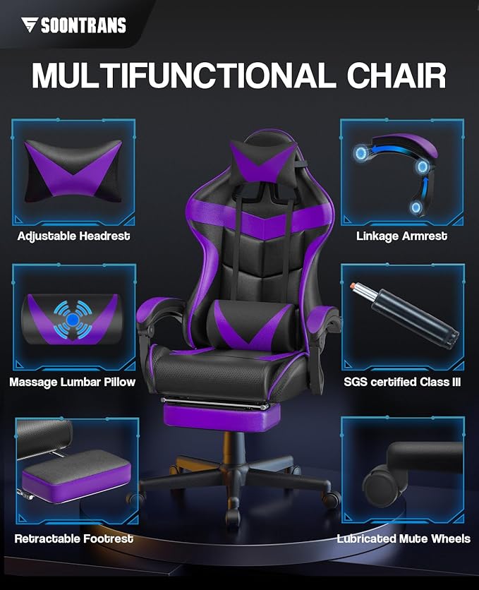 Soontrans Purple Gaming Chair with Footrest, Ergonomic Gamer Chair, Video Game Chairs with Adjustable Headrest, Removable Lumbar Support Office Chair, Game Chairs for Adults Teens(Purple)