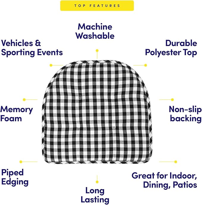 Sweet Home Collection Chair Cushion Memory Foam Pads Tufted Slip Non Skid Rubber Back U-Shaped 17" x 16" Seat Cover, 6 Pack, Checkered Black/White, Pack of 6