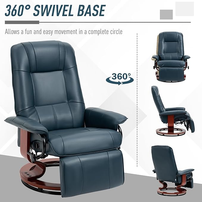 HOMCOM Swivel Recliner Chair, PU Leather Reclining Armchair with Retractable Footrest, Lounge Chair with Wood Base and Adjustable High Back for Small Spaces, Living Room, RV, Bedroom, Blue