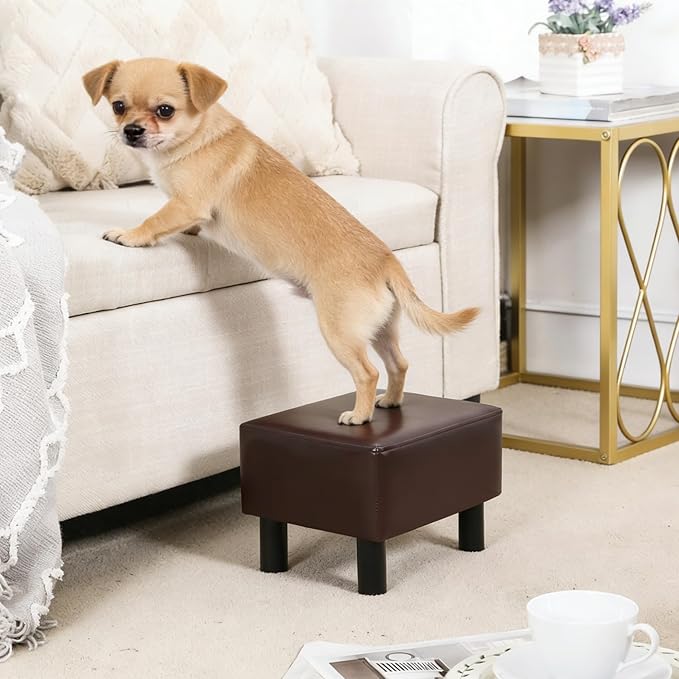Joveco Small Foot Rest Stool Ottoman, Faux Leather Footrest Footstool for Chair, Under Desk, Office, Living Room, Brown