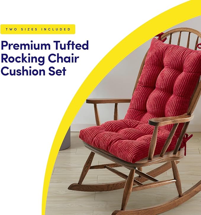 Rocking Chair Cushion Premium Tufted Pads Non Skid Slip Backed Crushed Velvet Cover Set of Upper and Lower with Ties, 21 in x 17 in | 17 in x 17 in, Velvet Red