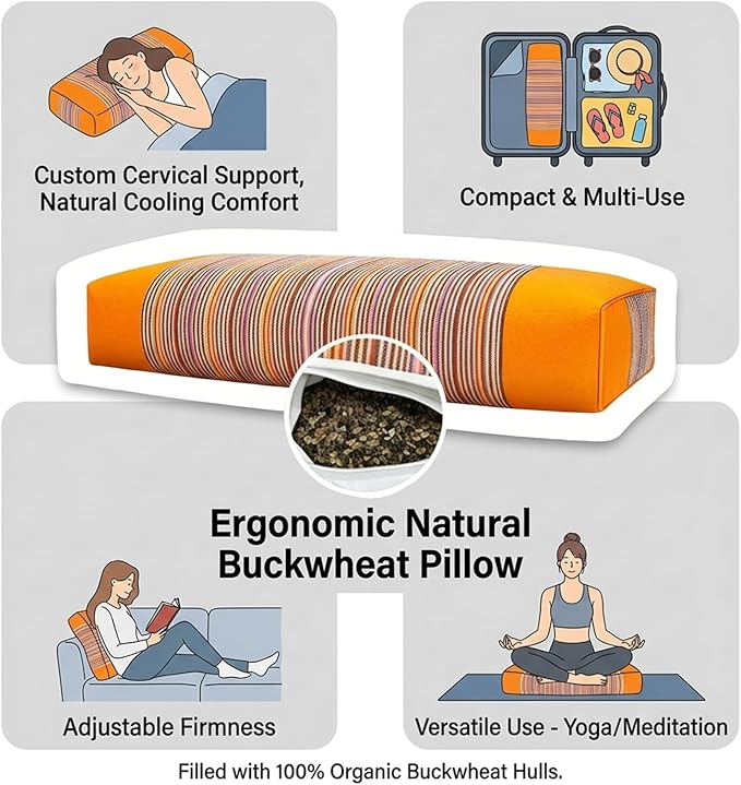 Adjustable Buckwheat Hull Pillow for Neck Pain Relief (21x8x4in) Natural Cooling Cervical Support Bed Pillow for Side & Back Sleepers with Night Sweats (Orange)
