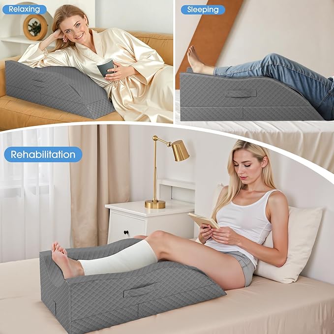 TranquilRelax Elevation Pillows for Leg After Surgery, Memory Foam Adjustable Wedge Pillow for Injury or Rest, Ankle Pillow for Sleeping Blood Circulation Full Grey/Double Leg