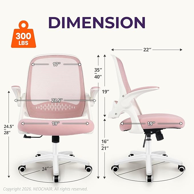 NEO CHAIR Office Desk Gaming Ergonomic Computer Chair with Lumbar Back Support Adjustable Height Swivel Rolling Wheels Flip-up Arms Mesh Chair for Home Vanity (Pink)