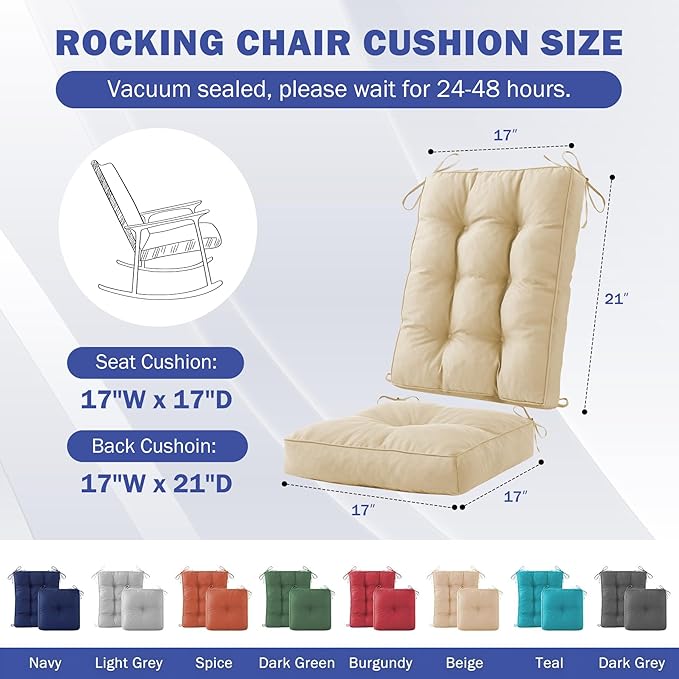 IPYNBAP Rocking Chair Cushion, Waterproof and Fade-Resistant Patio Chair Cushions, Tufted Chair Pads for Rocker Furniture, 17x17 Inch, Indoor/Outdoor Seat Cushions with Ties, Beige (Pack of 2)