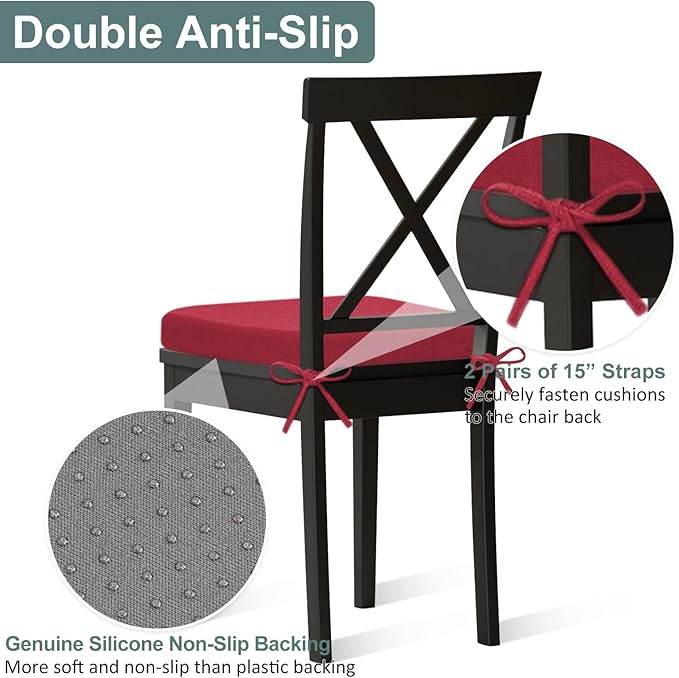 Shinnwa Dining Chair Pads Set of 6, Patented Design Memory Foam Kitchen Chair Cuhions with Ties and Washable Cover, 6 Pack, 17" x 16" x 2", Burgundy