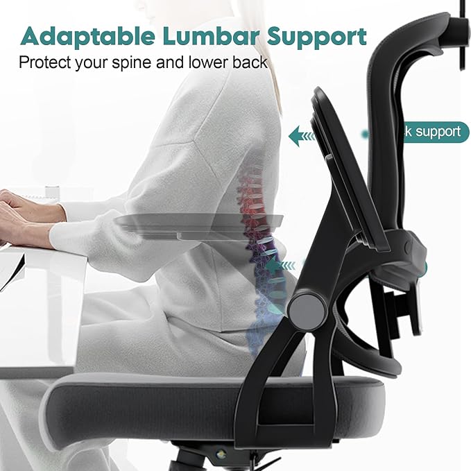 350 LBS Ergonomic Office Computer Mesh Chair - Adjustable Height Rolling Desk Chair with Flip-Up Armrests & High Back Support - Comfortable Swivel Task Chair for Home Office (01GREY)