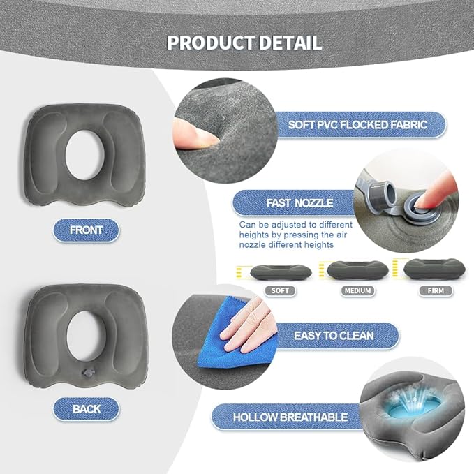 Inflatable Donut Seat Cushion for Tailbone Pain Relief – Coccyx Pillow for Office Chair, Car, Wheelchair & Post Surgery Comfort – Ergonomic Orthopedic Support Pillow for Home & Travel