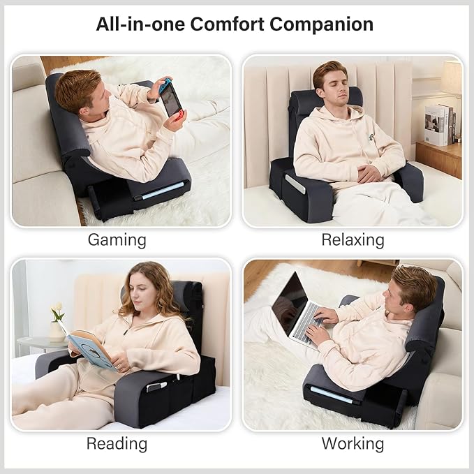 Vekkia 21" Reading Pillow for Bed Sitting Up – 60° Ergonomic Wedge Back Support with Adjustable Arms & Headrest, XL Side Pockets, Bed Chair for TV, Gaming, Working, Nursing, Recovery