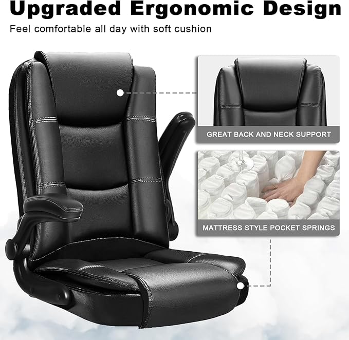 OFIKA Leather Office Desk Chair,Ergonomic Office Chair with Lumbar Support,Computer Chair,Executive Leather Chair with Padded Flip-up Arm,Adjustable Armrests, Gray,275LBS