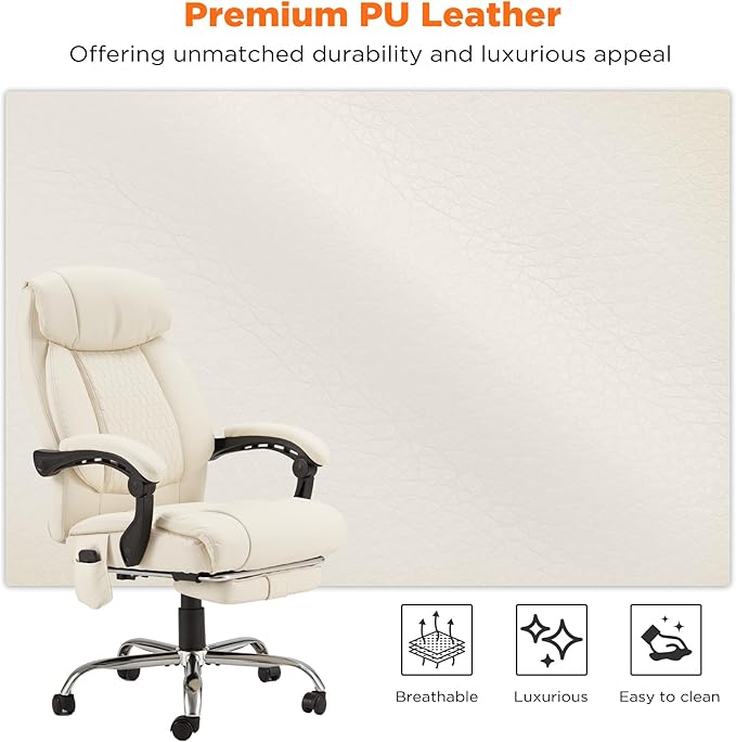 HOMREST Heated Office Chair with Vibrating Massage, Ergonomic Executive Desk Chair with Retractable Footrest and Lumbar Support, High-Back Reclining PU Leather Computer Chair for Home Office (Beige)