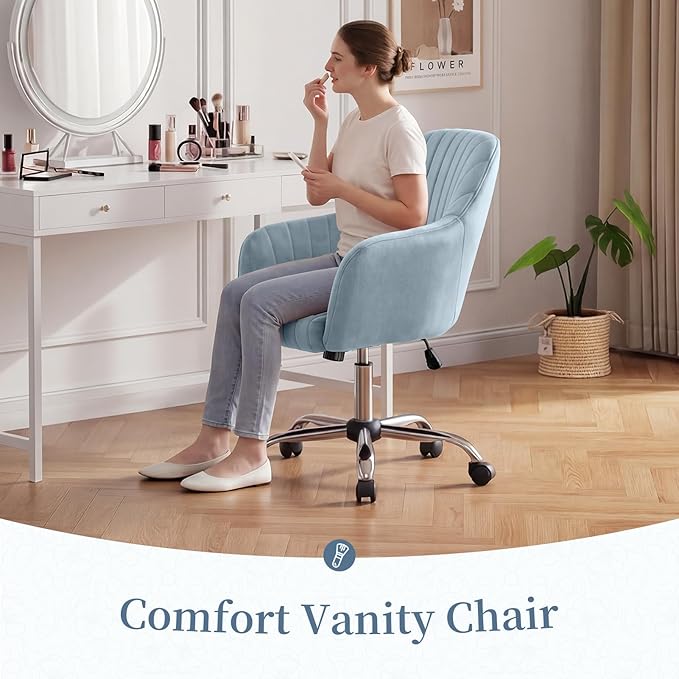 Warmiehomy Velvet Desk Chair for Home Office, Girls' Vanity Chairs with Arm Rest, Office Chair with Wheels, Computer Chair for Room, Velvet Dusk Blue