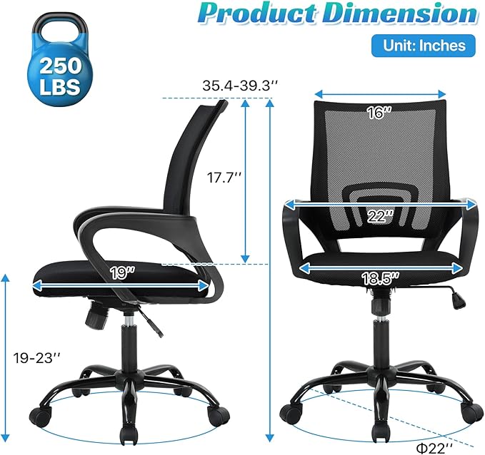 Ergonomic Office Chair Mesh Mid Back with Lumbar Support Armrest, Adjustable Home Desk Chair Comfy Computer Task Drafting Rolling Swivel Chairs for Gaming, Home Work, Study, Black