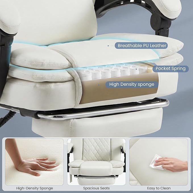 HOMREST 3D Kneading Massage Office Chair with 16 Kneading Nodes & Lumbar Support,Ergonomic Reclining Desk Chair with Footrest & Linkage Armrests,PU Leather Executive Chair with for Home Office (White)