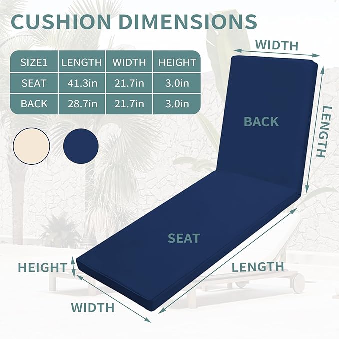 Outdoor Chaise Lounge Cushions for Patio, 72"x22"x3" Lounge Chair Cushions Set of 2, Waterproof Replacement Seat Cushions for Outdoor Furniture