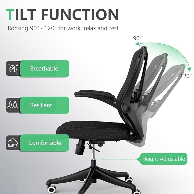 350 LBS Ergonomic Office Computer Mesh Chair - Adjustable Height Rolling Desk Chair with Flip-Up Armrests & High Back Support - Comfortable Swivel Task Chair for Home Office (02BLACK)