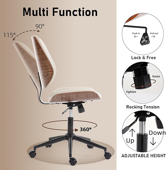 DYHOME Modern Walnut Home Office Chair with Wheels, Executive Office Desk Chair No Arms, Adjustable Height Small Desk Chair, Comfy PU, Deeper Cushion, Mid Back 360 Swivel Computer Chair, Beige