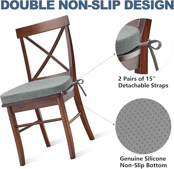 Shinnwa Seat Cushion for Kitchen Chair, Non-Slip Dining Chair Cushion with Detachable Straps and Machine Washable Cover, 17x16x2in, Grey