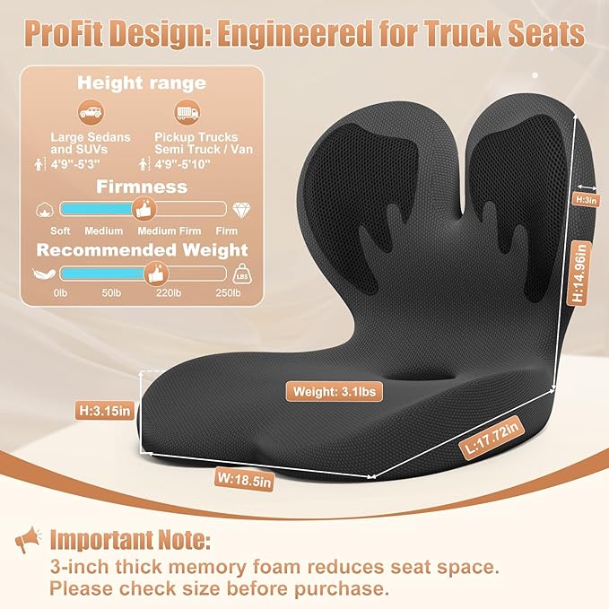 Car Seat Cushion with Lumbar Support for Long Driving Truck RV, Ergonomic Memory Foam Office Chair Cushion for Sciatica, Tailbone & Lower Back Relief, Ideal Gift for Drivers & Office Workers (Black)