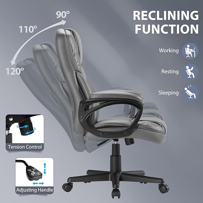 Shahoo Ergonomic Office Chair Executive PU Leather Chair with Comfortable Head Rest, Thickened Cushioned Armrest and Lumbar Support for Office & Home, Grey