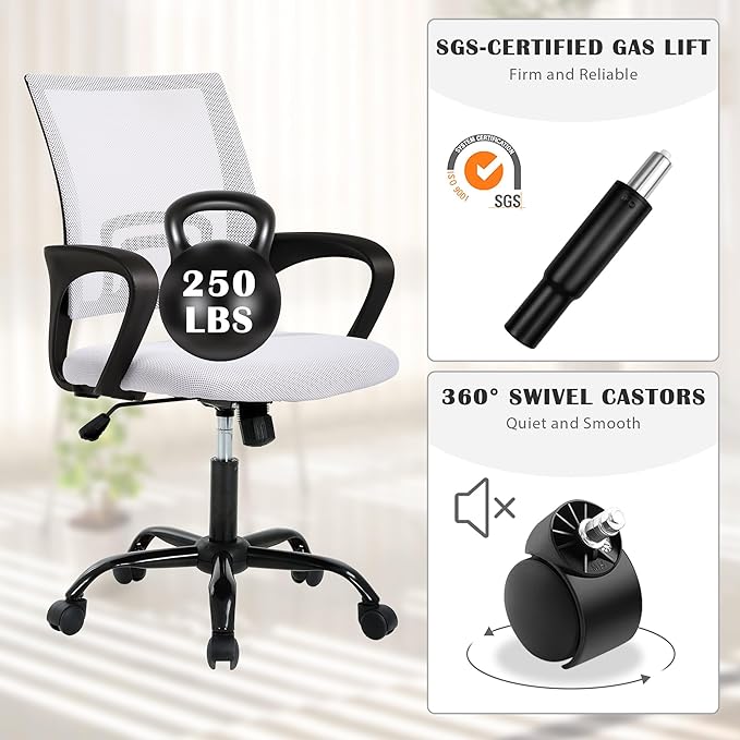 MKDLUFEI Office Chair, Ergonomic Cheap Desk Chair with Lumbar Support, Adjustable Mid Back Task Rolling Swivel for Home Office Student, Adults,Study, White