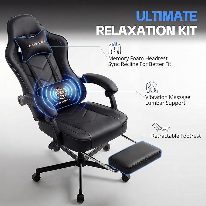 Desk Computer Gaming Chair - High Back Ergonomic Office Chair with Footrest and Lumbar Support, Swivel Comfy Home Gamer Video Game Chairs with Pocket Spring Cushion for Adults (Black Leather)