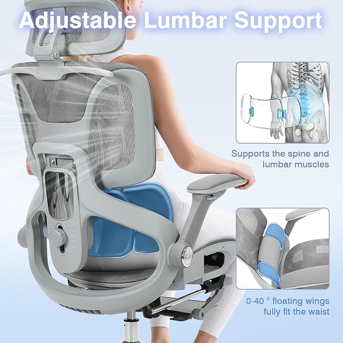 Ergonomic Mesh Office Chair with Footrest, High Back Desk Chair with 4D Armrests, 3-Zone Dynamic Lumbar Support, Ergonomic Office Chair with Wheels (Silver Gray)