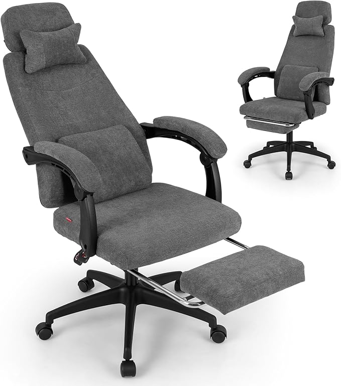 Giantex Reclining Office Chair, Chenille Fabric Desk Chair with Padded Linkage Armrests, Retractable Footrest, Neck & Lumbar Support, High-Back Ergonomic Executive Chair for Home Office, Gray