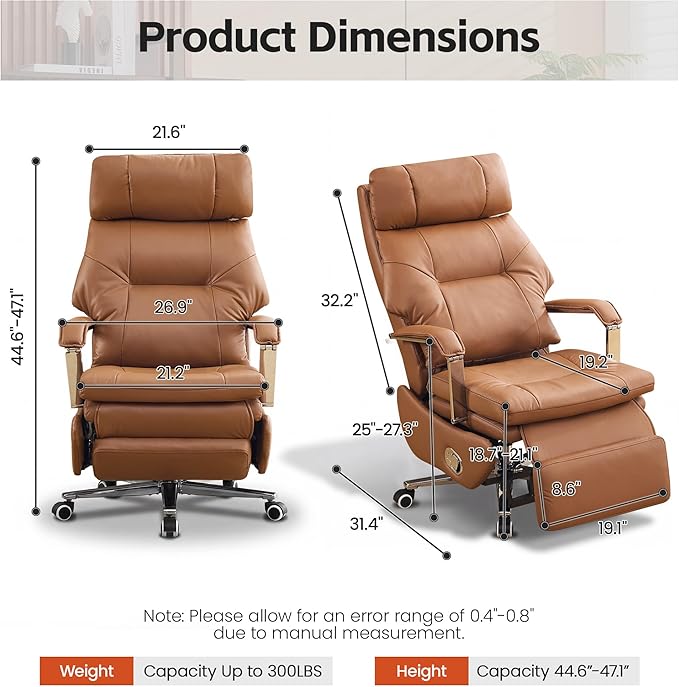 Big and Tall Executive Office Chairs with Footrest, Ergonomic 360° Swivel Desk Chair High Back Recliner, Manual 150° Reclining Computer Gaming Chair with Wheels for Home Office Faux Leather, Brown