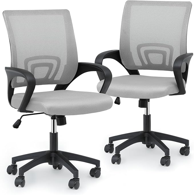 MoNiBloom Mesh Office Chair Set of 2, Ergonomic Computer Chair for Adults, Rolling Swivel Mid-Back Desk Chair with Lumbar Support, Comfy Armrest for Home Office, Gaming, Light Gray