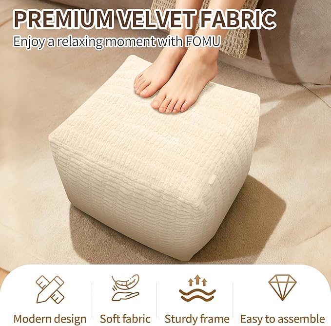 Pouf Ottoman, Soft Corduroy Pouf, Poofy Ottoman Foot Rest，Poufs for Adults, Poofs & Ottomans Furniture, Floor Poof-Chair for Living Room & Bedroom(1PC, Beige White, 22"×22"×14")